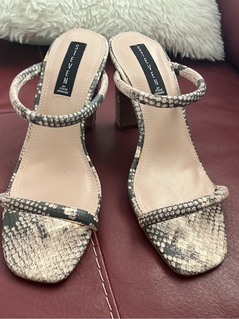 Steve Madden Jacee Women’s Snake-Print Heeled Strap Sandals in Beige